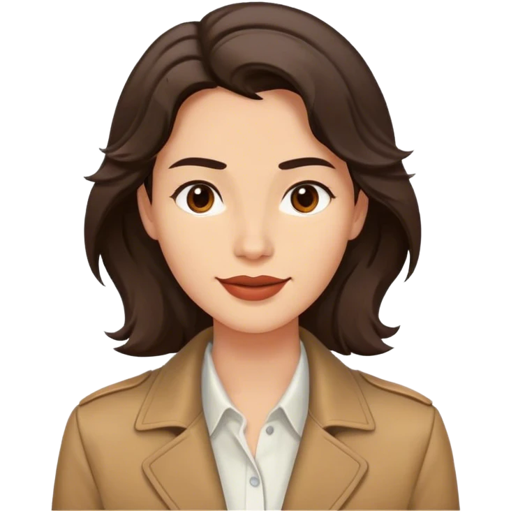 The person has a medium complexion, wavy  dark hair coming on his forehead, well-defined facial features with a strong jawline, full lips, and happy expression. They are wearing a white shirt layered with a brown jacket
 emoji