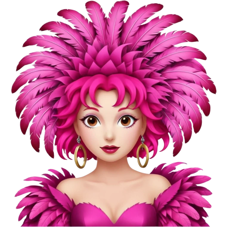 A vibrant woman with theatrical red ringlets and a massive pink feathered headpiece strikes a playful pose in an exaggerated, storybook-style hot pink gown. emoji