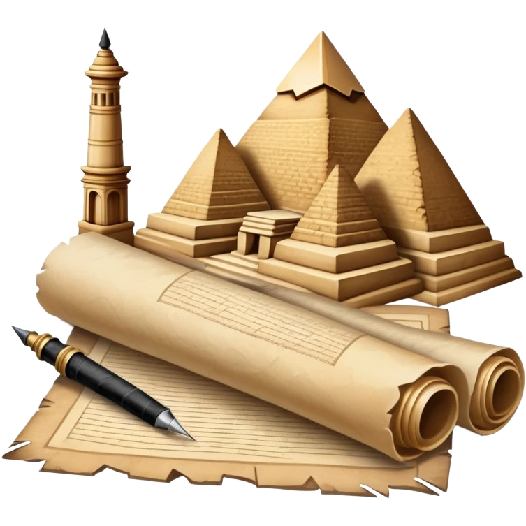 An icon showing a rolled parchment scroll, a quill pen, and ancient landmarks like pyramids and columns in the background. The design symbolizes the study of past civilizations, events, and heritage. Transparent background emphasizes the timeless exploration of human history. emoji