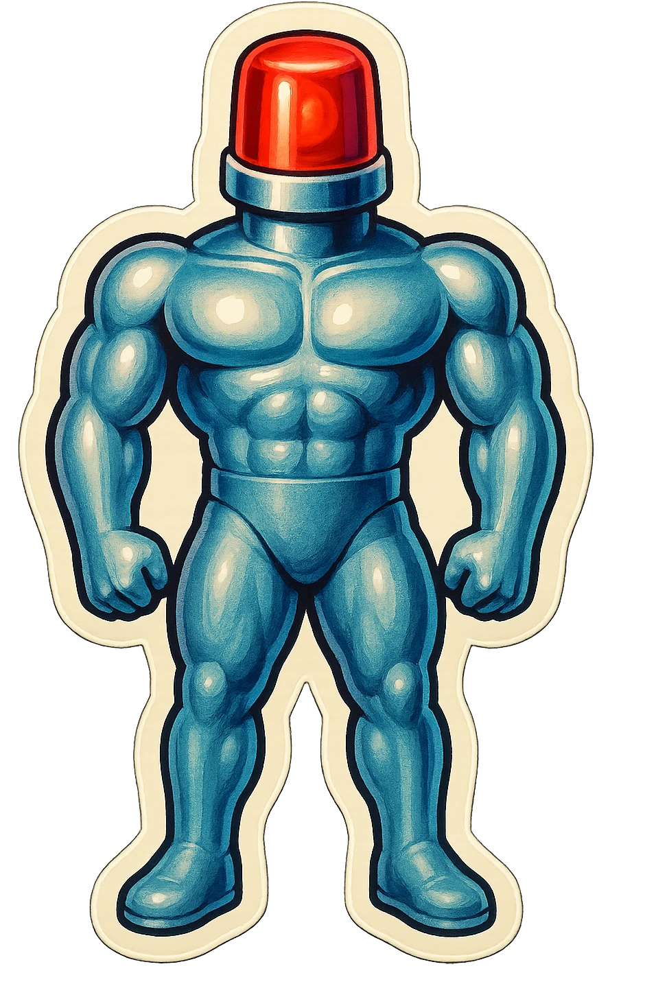 silver muscular robot with a red police light head, standing at attention, facing forward, retro stickers style emoji
