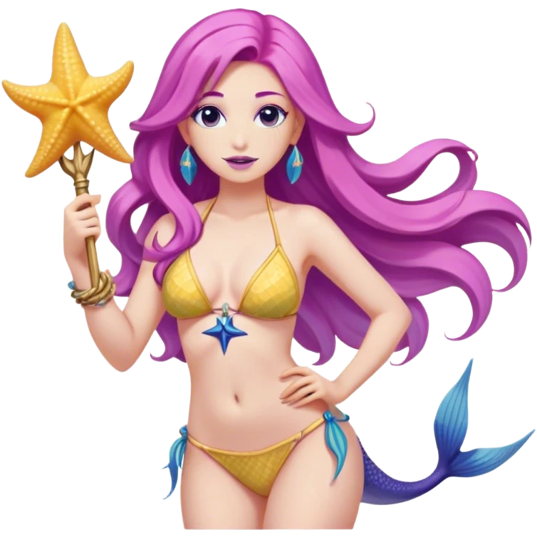 Yellow-toned upper body and a blue fish tail. She has long, flowing pink and purple hair adorned with a blue starfish accessory. She wears a light-colored seashell bikini top and holds a golden trident in one hand. Her expression is confident and friendly. The background is transparent emoji