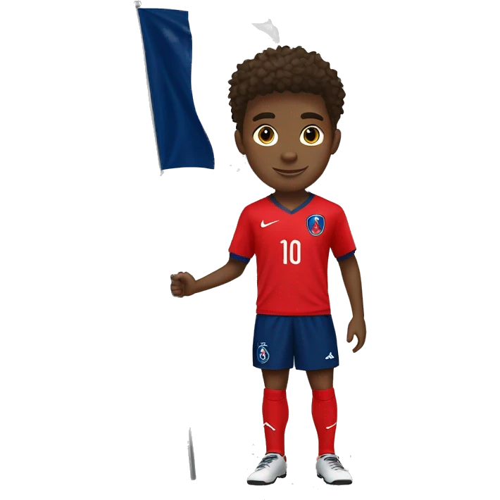 adolescent homme de 15 ans métisse avec des cheveux mi long mi court et brun avec un maillot du psg et un drapeau de la france en arrière plan emoji
