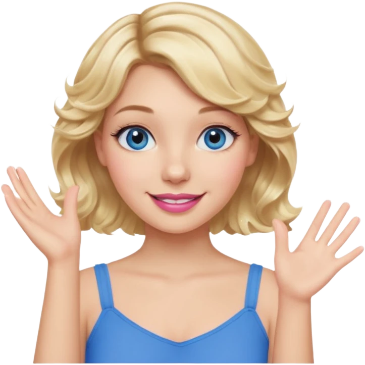 Girl Blonde short wavy hair,  blue eyes, cute blue top, long lashes, pink lips, smiling, one hand in the air emoji