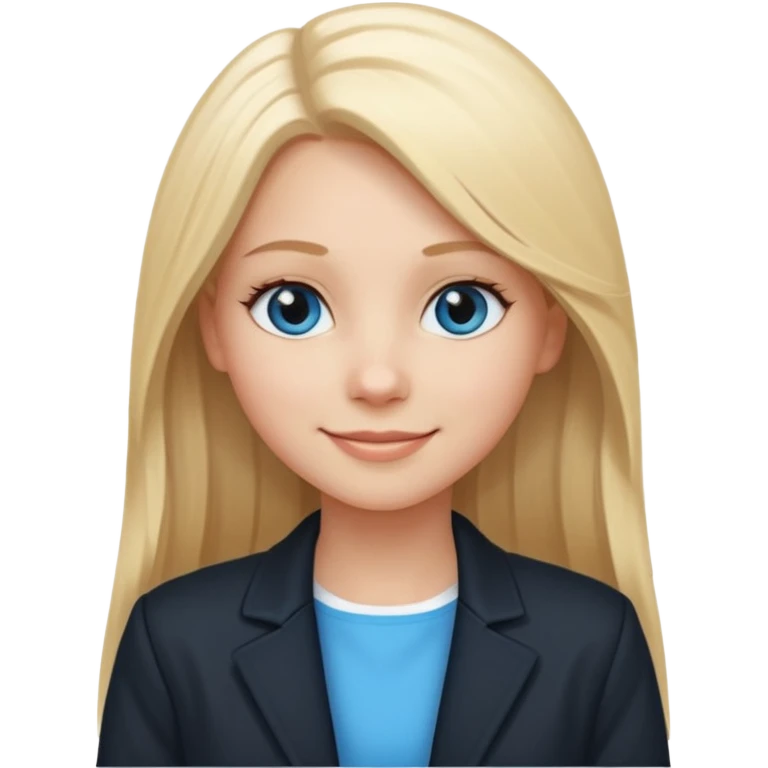 A white girl with long straight blonde hair, blue eyes and a white dress with a smiling black jacket emoji