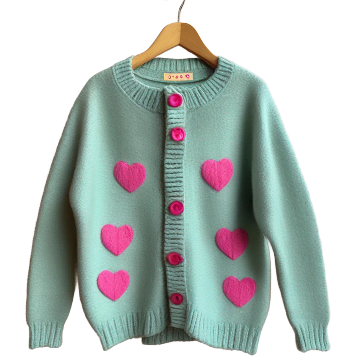 Sage oversize wool open short cardigan with pink heart shaped buttons, isolated emoji