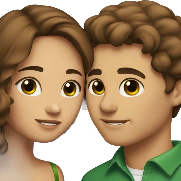 Couple kissing: a girl with brown hair, fair skin and brown eyes, a guy who kisses her with brown hair and green eyes emoji