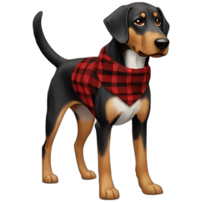 adult 75% Coonhound 25% German Shepherd mix dog with visible tail wearing small pointed red buffalo plaid bandana full body walking left quickly emoji