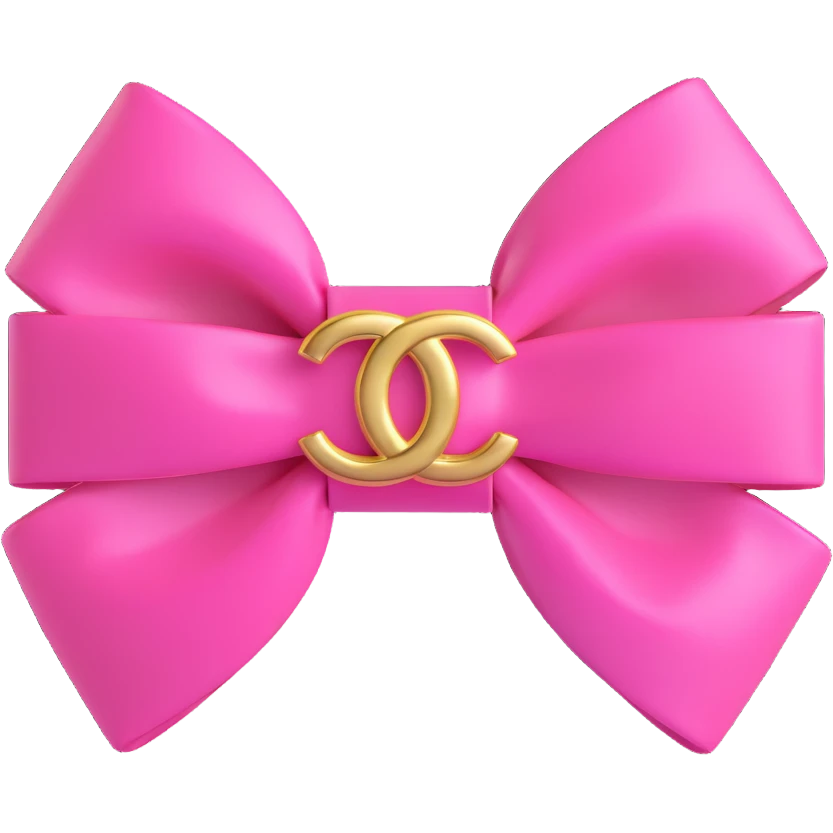 Add a gold Chanel logo to the pink bow, keep it glossy, elegant, 3D emoji style. emoji