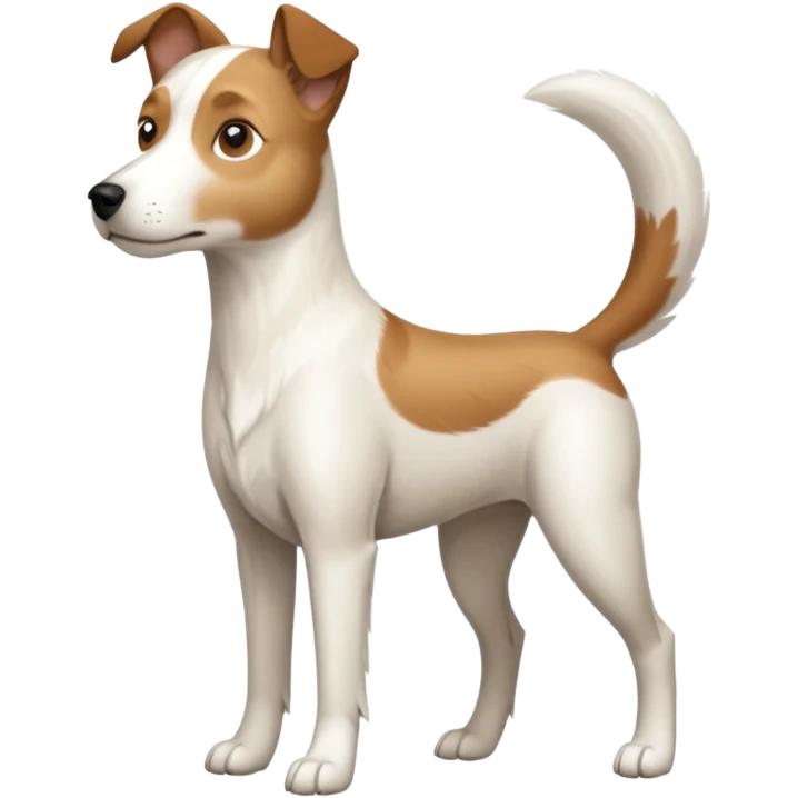 a full body white parson russell looking dog the size of a kelpie with light brown ears and a light brown patch on one eye and a large snout emoji