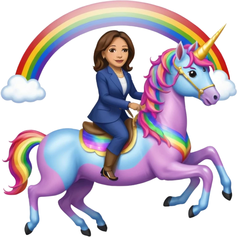 Kamala Harris and donald trump riding a rainbow unicorn emoji
