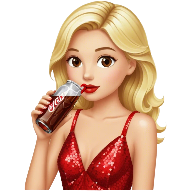Blonde model wearing red sequin gown sipping diet cola emoji