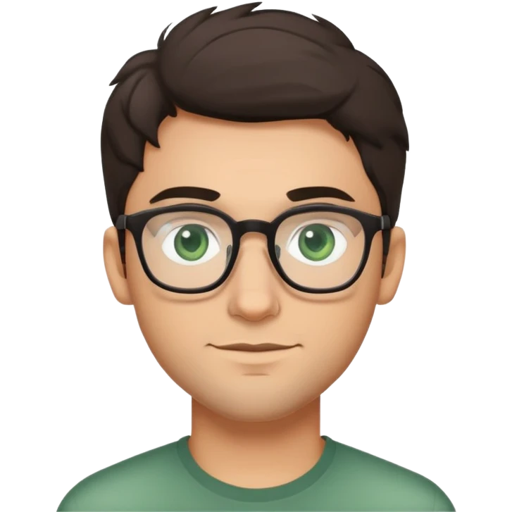 young man with dark poofier slightly curled hair wearing glasses with green eyes and very light stubble, minimal facial hair, with a slight smile emoji