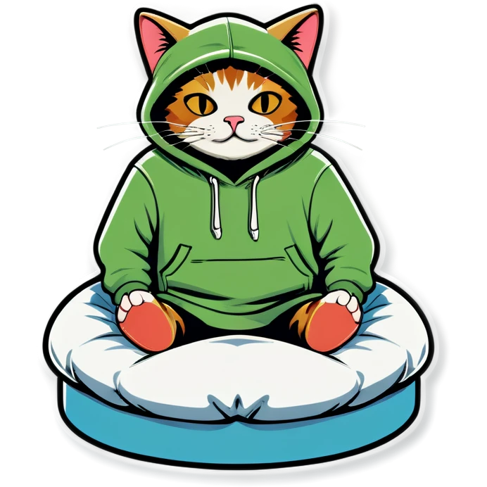 Cat chilling on a bed with a hoodie emoji