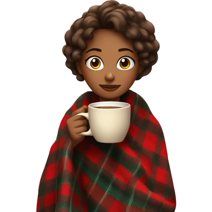 Beautiful girl wrapped in cozy plaid blanket drinking coffee emoji
