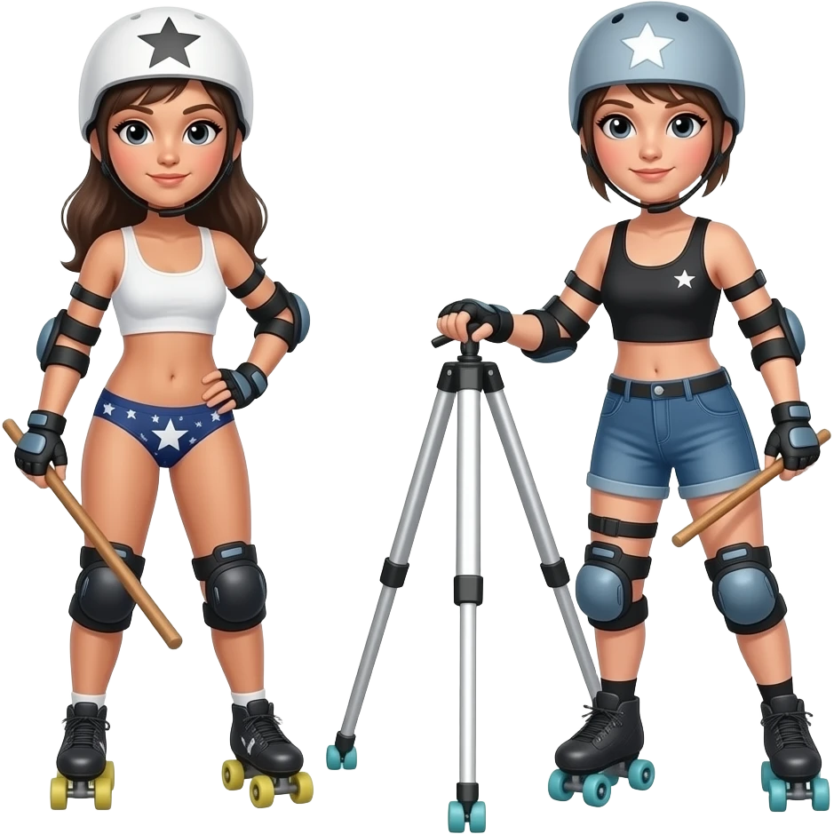 I want a person or two who are playing roller derby. Maybe even a tripod and a jammer or just a jammer. But without the stick and with a panty with a star emoji