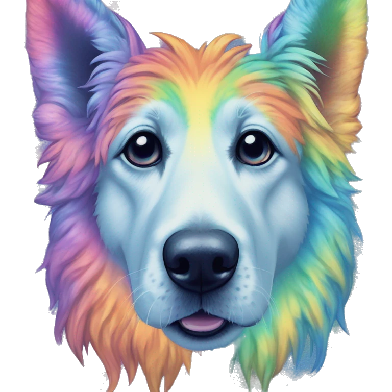 Multicolored rainbow retro groovy tie dye hippie trippy floral patterns on a metallic holographic iridescent blue dog face head unicorn emoji