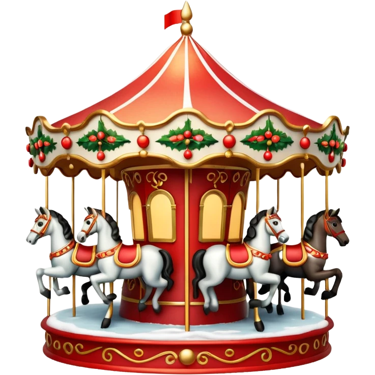 Apple iOS style 3D emoji icon of a vintage Moscow Christmas carousel.
Round ornate roof with red and gold patterns, miniature horses, decorated with glowing warm light garlands and light dusting of snow. Smooth glossy plastic texture, high-end 3D render, vibrant festive colors, resolution. emoji