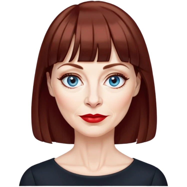 Woman in her late 50s with pale skin, wider face, more pronounced wrinkles, blue eyes with eyeliner, thin eyebrows, small nose, red lipstick, dark auburn hair with bangs, wearing a black top emoji