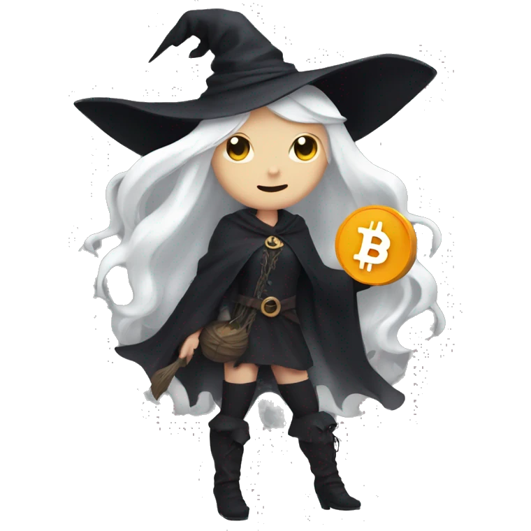 Witch with bitcoin, cute, white skin, white long hair emoji