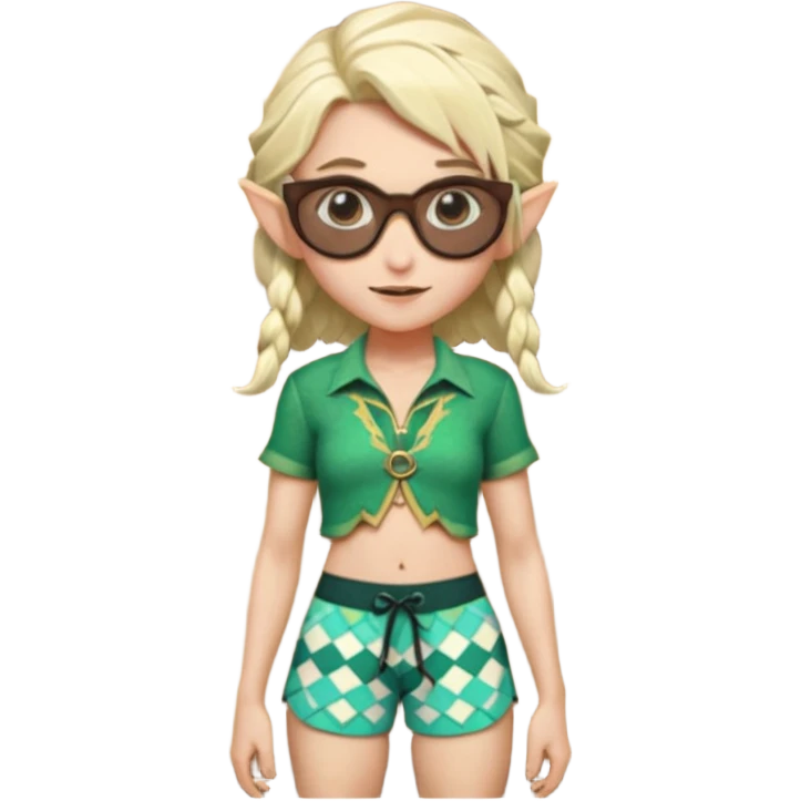 elf female legolas portrait, patterned board shorts (geometric/abstract), unique wooden-framed sunglasses, undercut hairstyle, slight smirk, visible pointy ears, no background, centered emoji, hipster summer vibe coctails  emoji