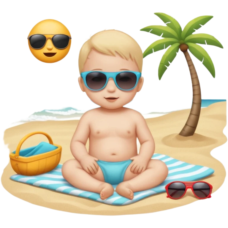 Tiny baby newborn cute relaxing on the beach with sunglasses  emoji