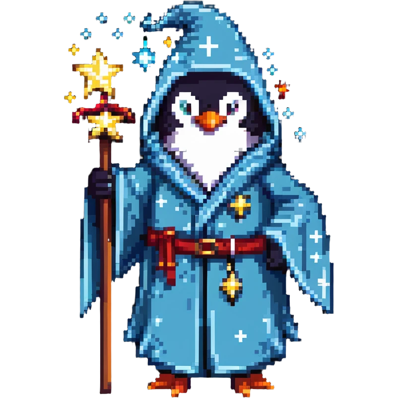 Penguin wizard with robe and magical stars emoji