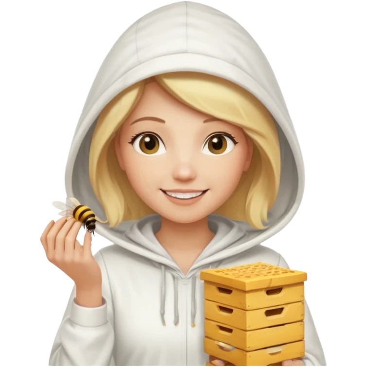 female bee keepers with blonde hair, white outfit, white hood,  emoji