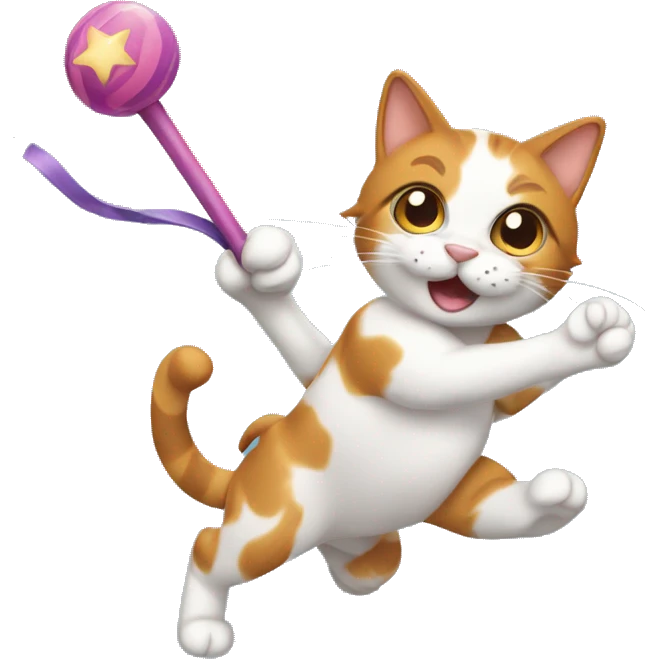 Calico cat chasing a toy wand emoji