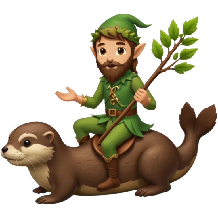 tiny forest elf man long brown hair beard riding an otter emoji