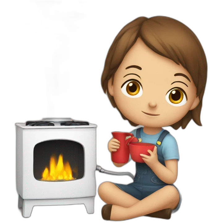 children are sitting near a mechanical stove emoji
