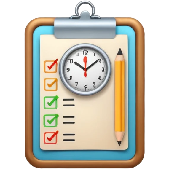 modern emoji-style icon with a checklist and a clock, arranged simply to convey time management and preparation for a test, minimalist, educational emoji