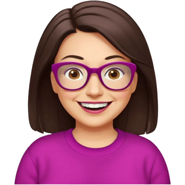 50 yr Caucasian woman, long dark brown hair parted on side, brown eyes, brown glasses, big smile, white teeth, fuscia sweater, chubby,  emoji