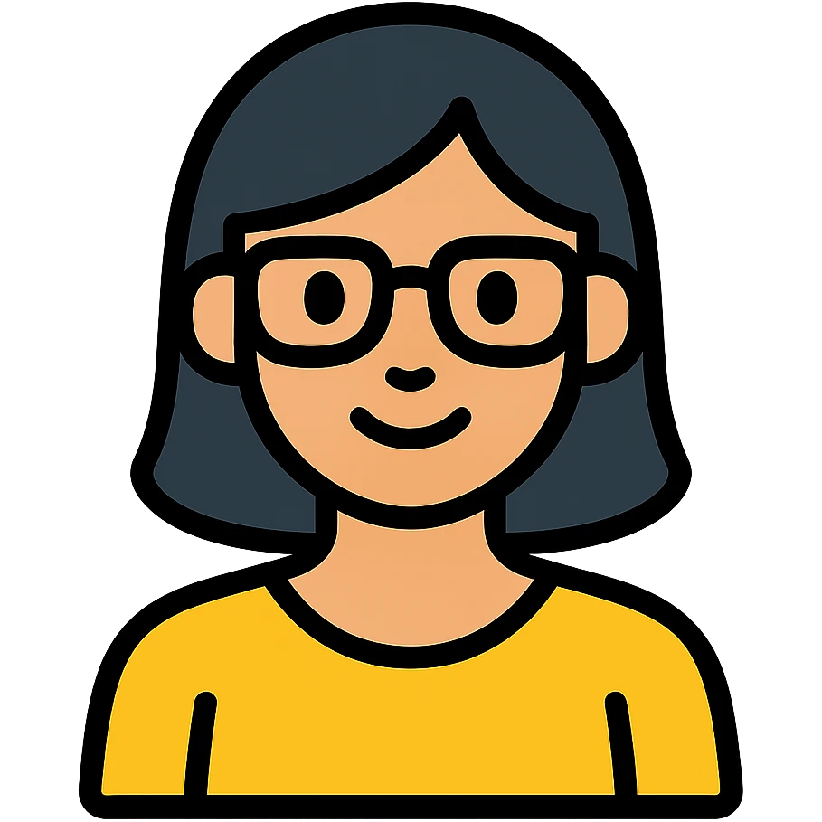 a black-haired woman wearing glasses, vibrant colorful icon style emoji