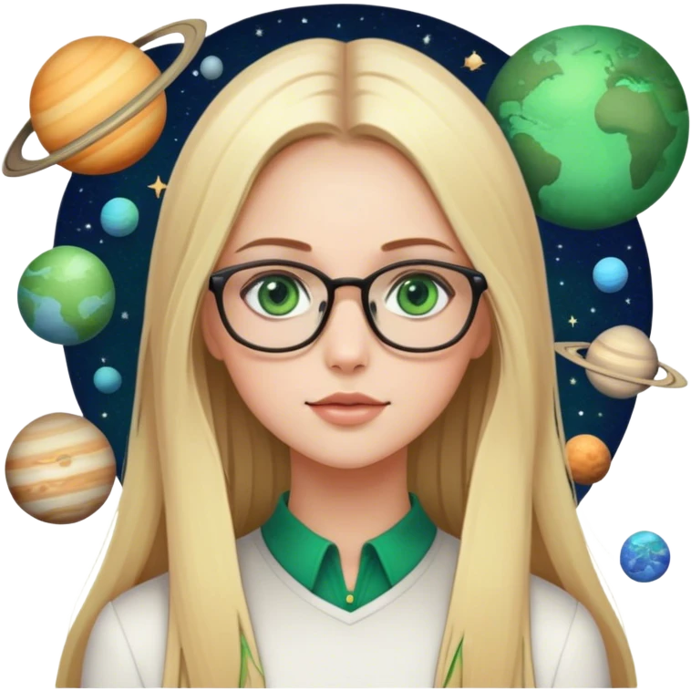A blonde girl with long straight hair green eyes and glasses with many planets around her emoji