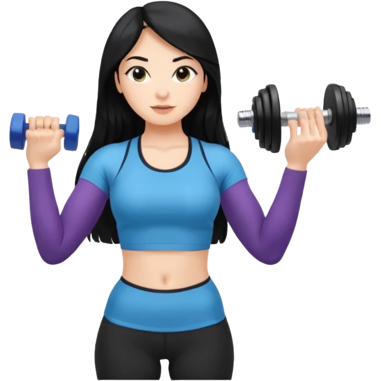 Long black hair girl with gym aesthetic, leggings with fitted shirt, with water bottle and dumble  emoji