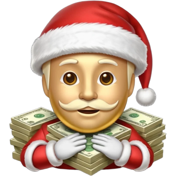 A confident rich emoji face wearing a Santa hat, money stacks, casino vibe, New Year theme, premium 3D emoji style, sharp details, no text, isolated on transparent background emoji
