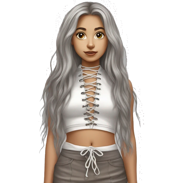 caucasian straight long haired brown, white plush lace up crop top, tight grey mini skirt, hyperrealist drawing emoji