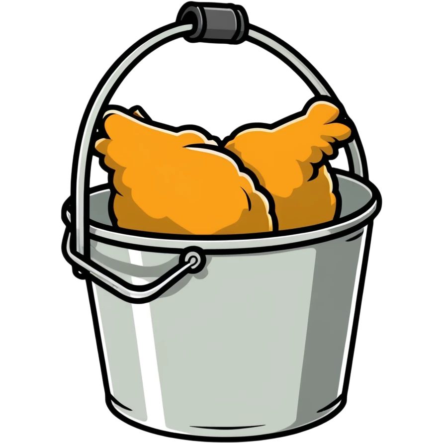 fried chicken much bigger than the silver steel bucket, slightly angled side perspective emoji