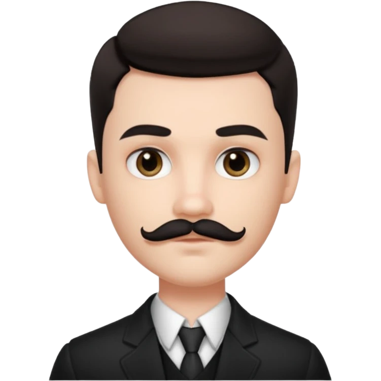 pretty handsome bratz man, has a s black mustache with black black black eyes,  short dark hair, pale skin, defined jawline emoji