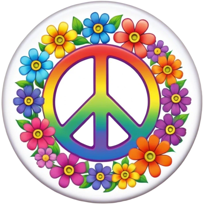 A round psychedelic colored button with the word (Peace) in the center with rainbow colored hippie style flowers emoji