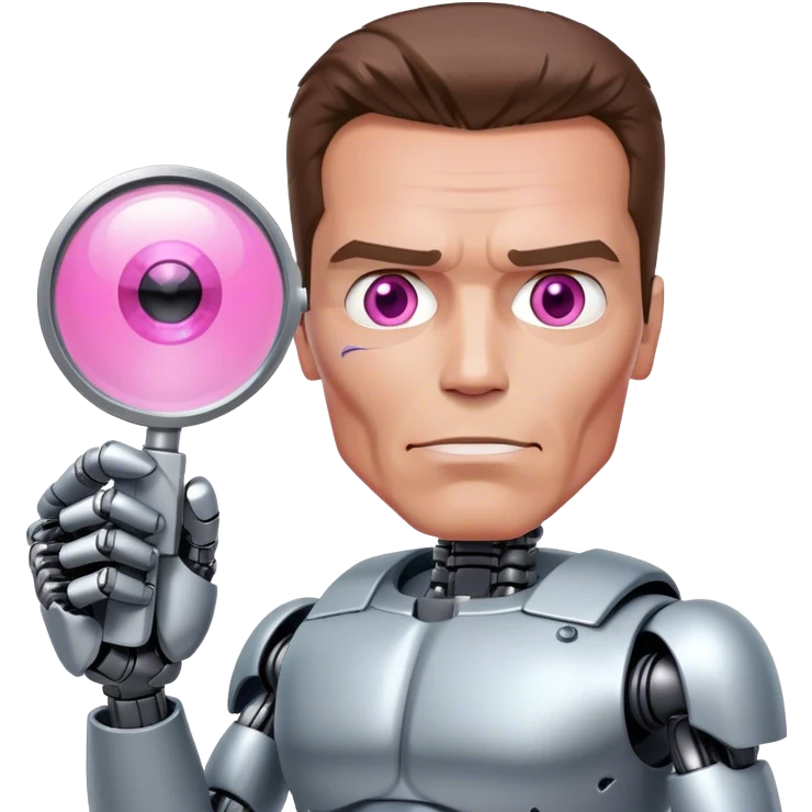 friendly looking schwarzenegger-looking half robotic half human pink terminator holding magnifying glass, upper body emoji