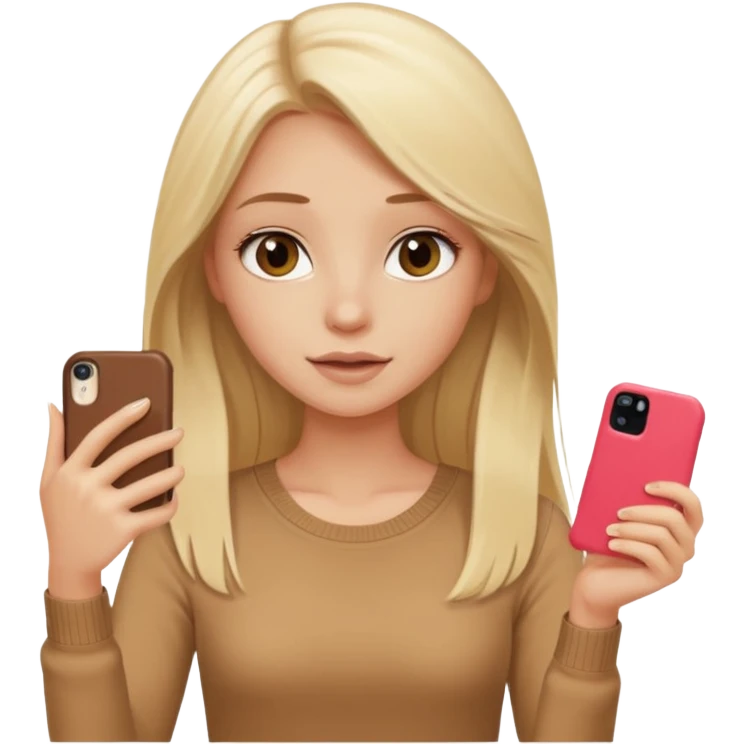  beautiful pale blonde girl with long hair taking selfie on brown case iPhone in beige top emoji