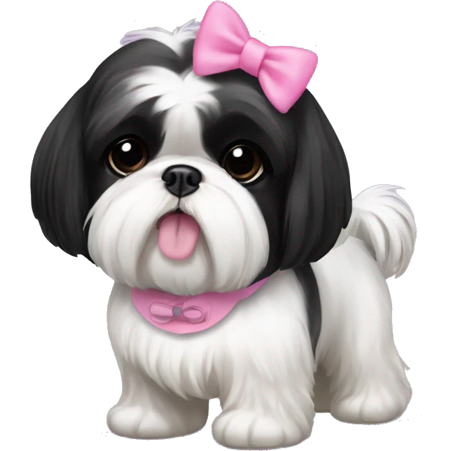 Black and white shih tzu with pink bow and collar that says Zoe emoji