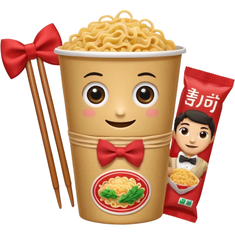 Лапша "Доширак" с душой
   · Внешний вид: Улыбающаяся пачка доширака с большими глазами и, возможно, одноразовыми палочками для еды в качестве "рук". Можно добавить маленький бантик или помятую упаковку для харизмы.
    emoji