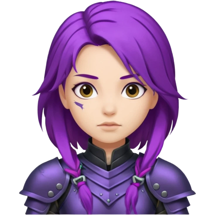 mysterious warrior girl with flowing purple hair, dressed in black armor, cute and expressive, simple background emoji