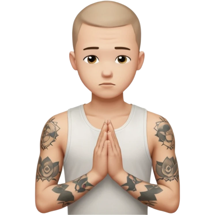 A 20 year old white man with a buzz cut and tattoos all over his arms and chest. Pleading face with hands praying wearing a white tanktop emoji