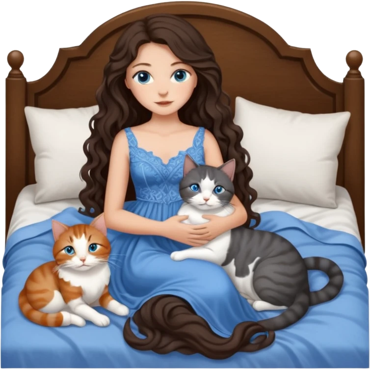 detailed realistic looking a dark grey and white cat regally laying with six other cats, cuddling with their owner in bed who is a pretty bratz lightly tanned white girl with long dark brown hair, blue eyes and gorgeous long wavy hair wearing a pretty detailed dress emoji