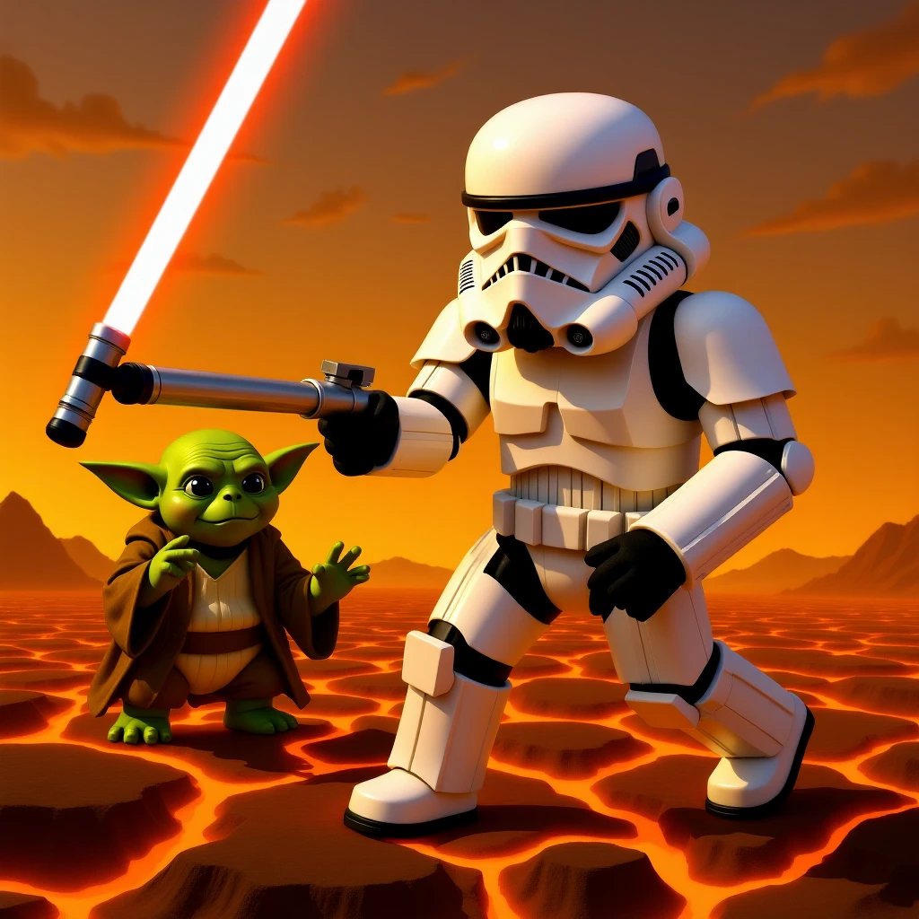 Camera POV, Starwars stormtroopers vlogging selfie, he is walking on lava planet with yoda emoji