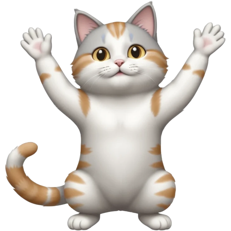 grey and white cat doing a big long stretch reaching up into the airwith arms together emoji
