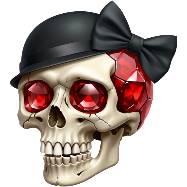 make me a red crystal skull partly see thew super gem like make it realistic and held together by a big black bow super realistic skull cracking all over the eyes are black and rotting  emoji